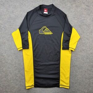 Quiksilver Shirt Mens Large Black Yellow Short Sleeve Surf Rash Guard Top Beach